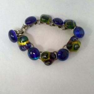 DICHROIC Handcrafted Bracelet Cobalt Blue Glass Rainbow 3D Hearts 7"